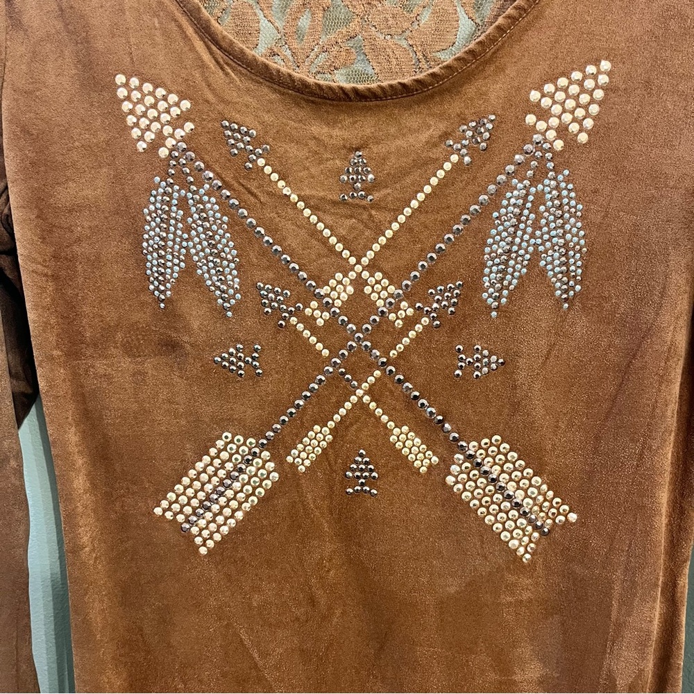 Cowgirl Hardware Top Womens S Brown Faux Suede Mixed Media Beaded Western - Picture 2 of 6